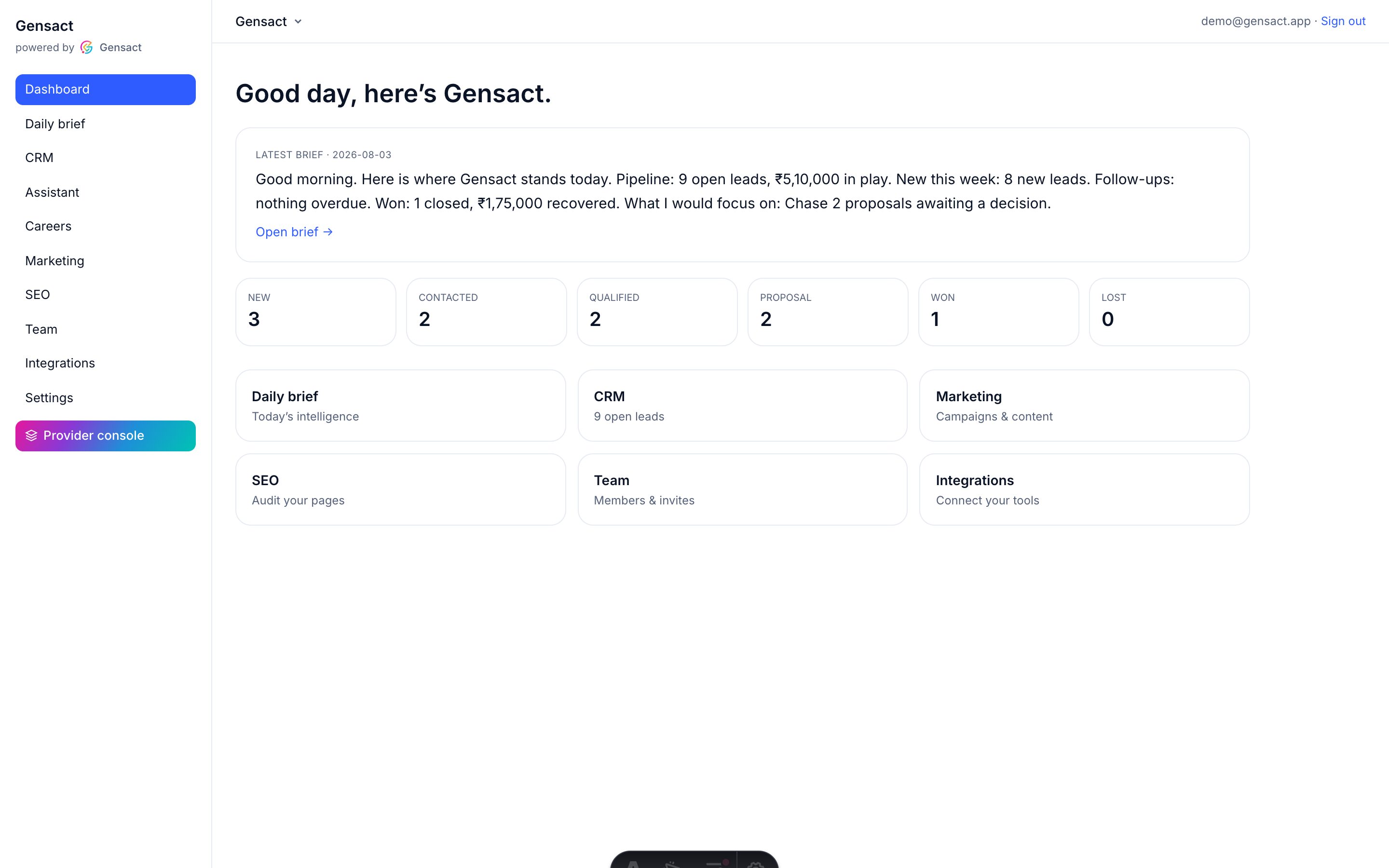 The Gensact dashboard